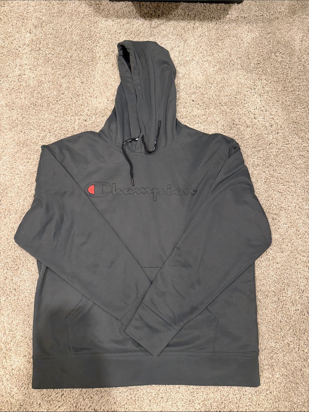 Champion Men's Dark Gray Crewneck Hoodie with Red Logo Accent
